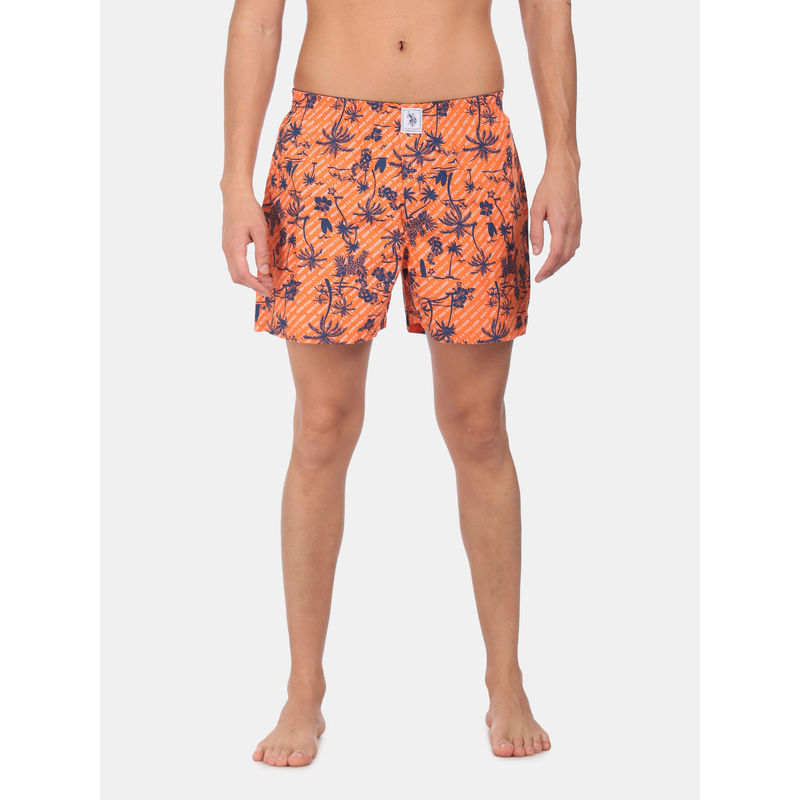 U.S. POLO ASSN. Men Orange Elasticized Waist Tropical Print Boxers (L) Orange (L)