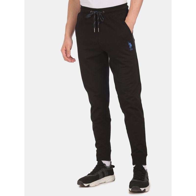 U.S. POLO ASSN. Men Black Drawstring Waist Solid Loop Knit Joggers (S) (S)