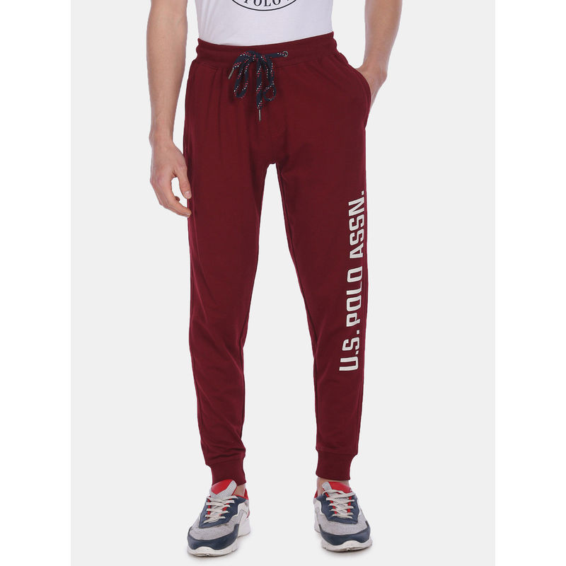 U.S. POLO ASSN. Men Maroon Drawstring Waist Brand Print Joggers (L) (L)