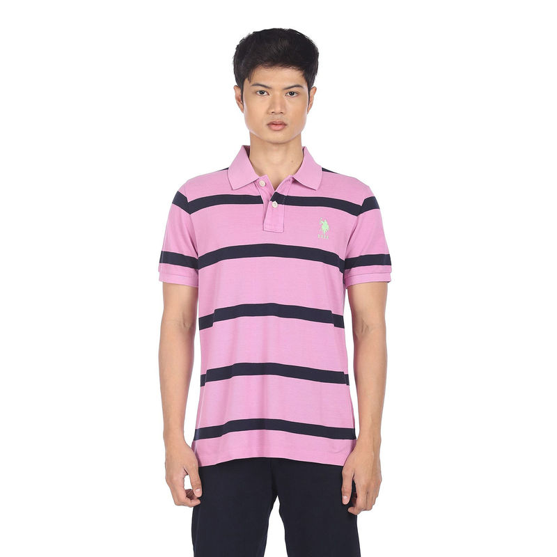 U.S. POLO ASSN. Men Lilac Striped Pique Polo Shirt (S)