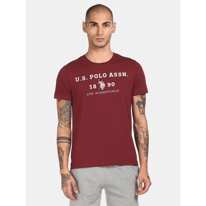 U.S. POLO ASSN. Men Maroon I683 Comfort Fit Printed T-Shirt (L) (L)