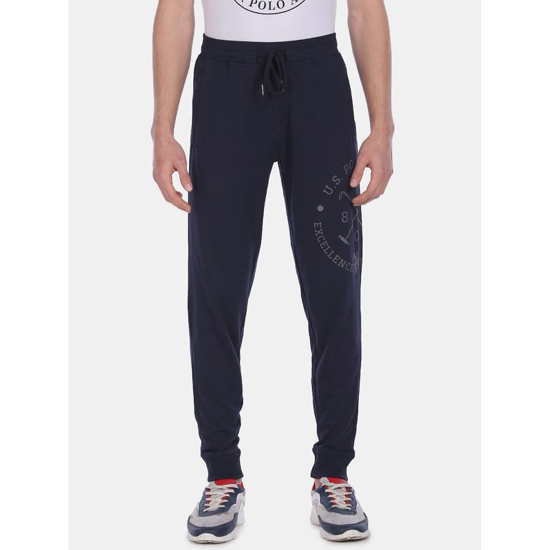 U.S. POLO ASSN. Men Navy I685 Comfort Fit Printed Cotton Viscose Poly Joggers (S) (S)