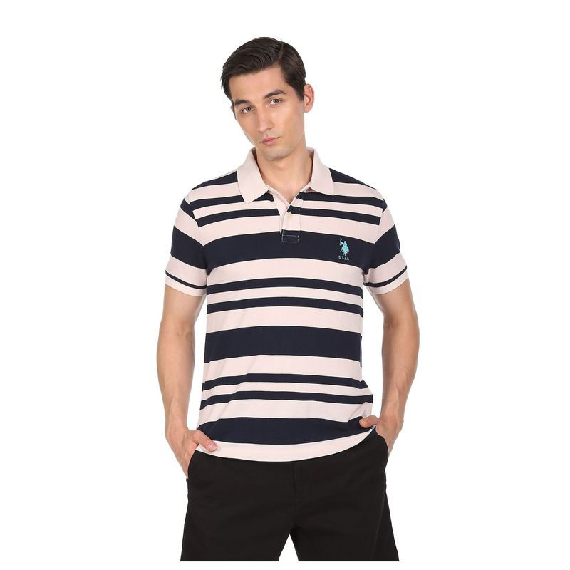 U.S. POLO ASSN. Men Light Pink and Navy Ribbed Collar Striped Polo T-Shirt (S)