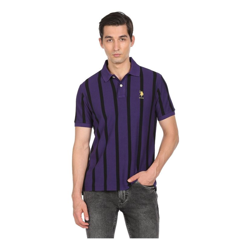 U.S. POLO ASSN. Men Purple Cotton Striped Polo T-Shirt (S)