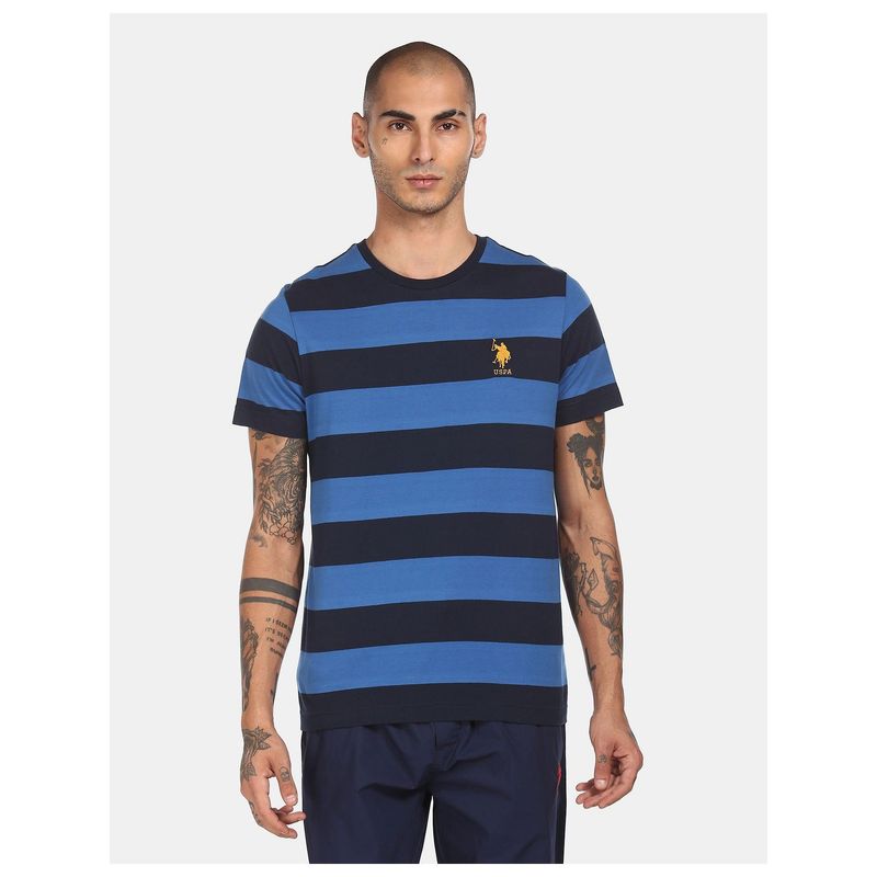 U.S. POLO ASSN. Men Blue I688 Comfort Fit Stripe Cotton T-Shirt (L)