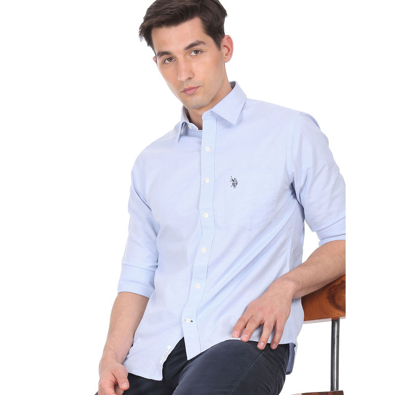 U.S. POLO ASSN. Men Light Blue Spread Collar Solid Casual Shirt (XL)