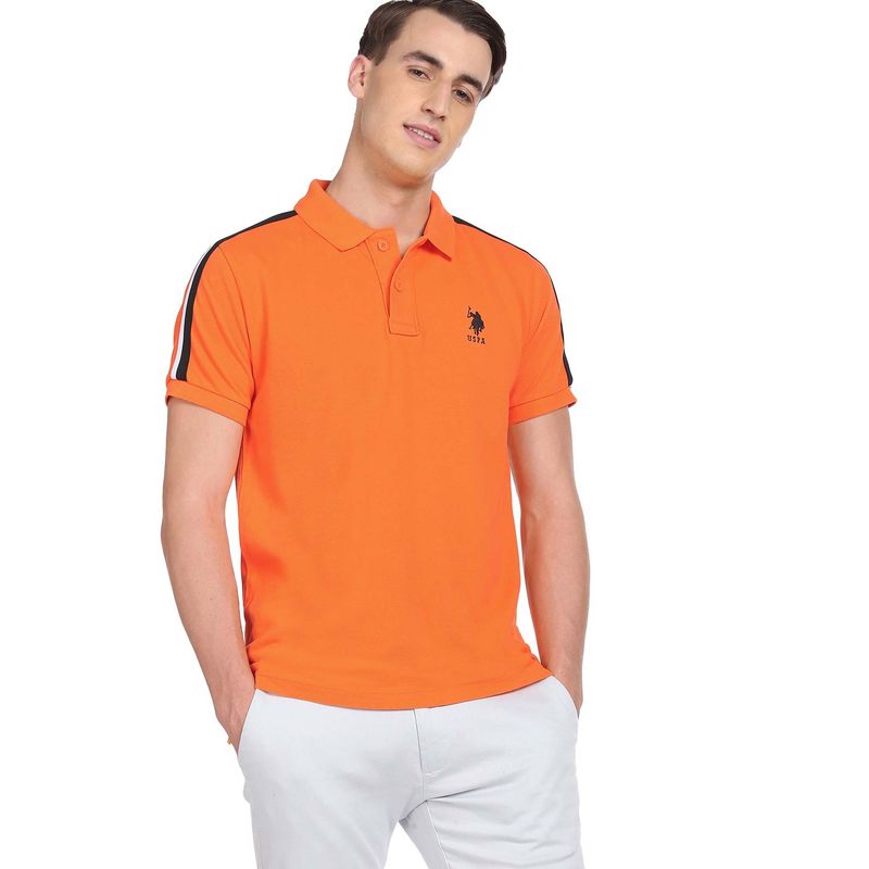 U.S. POLO ASSN. Men Orange Striped Tape Solid Pure Cotton Polo T-Shirt (M)