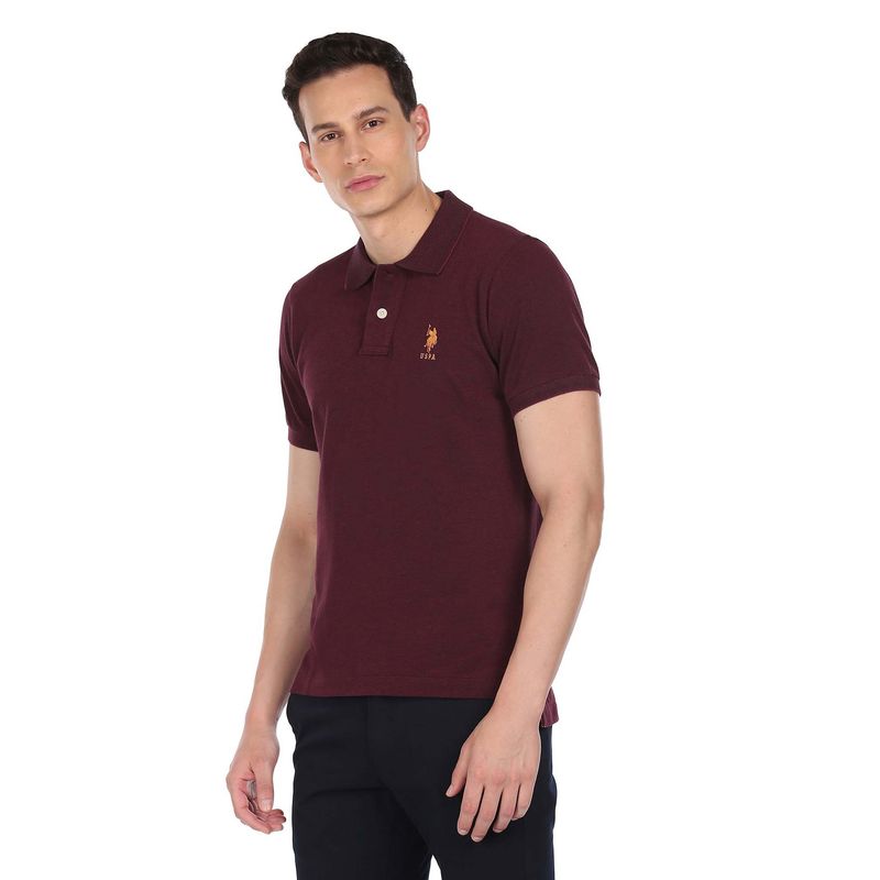 U.S. POLO ASSN. Men Maroon Pure Cotton Solid Polo T-Shirt (L)