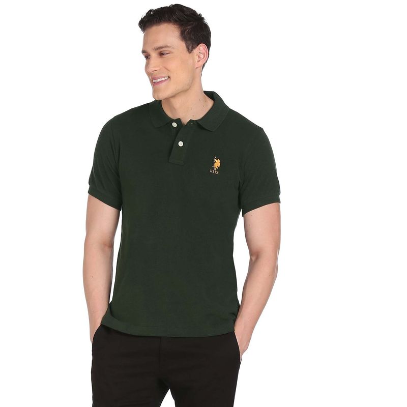 U.S. POLO ASSN. Men Dark Green Pure Cotton Solid Polo T-Shirt (L)