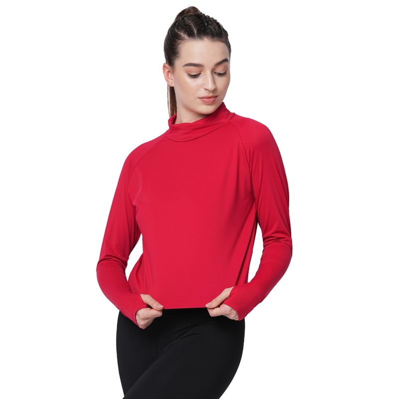 Fitkin Women Red Self Design Turtle Neck Long Sleeve Top (XL)