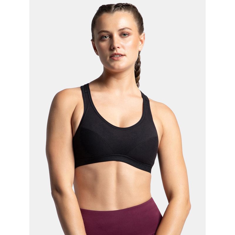 Jockey 1378 Wirefree Padded Cotton Elastane Racer Back Active Bra-Black (XL)