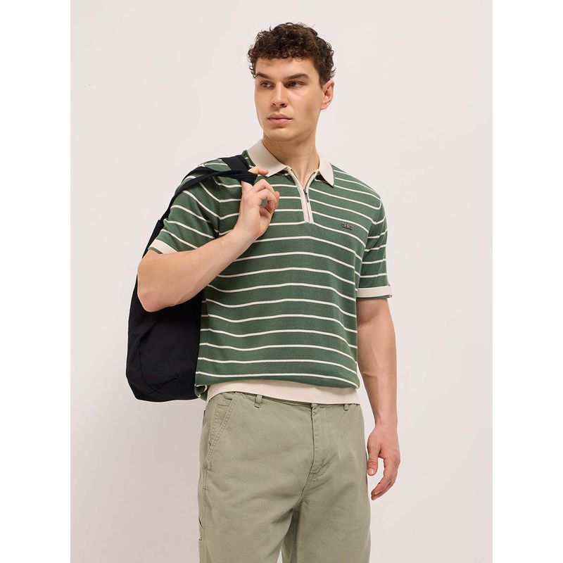 THE BEAR HOUSE Men Green Stripes Polo T-shirt (S)
