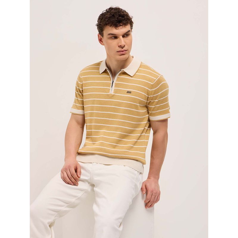 THE BEAR HOUSE Men Mustard Stripes Polo T-shirt (L)