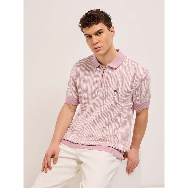 THE BEAR HOUSE Men Pink Textured Polo T-shirt (XL)