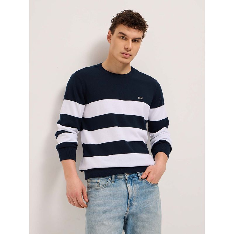 THE BEAR HOUSE Men Navy Blue Stripes Sweatshirt (L)