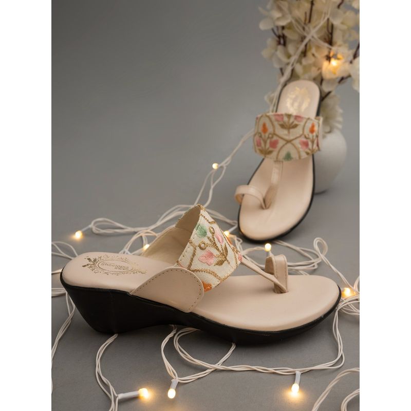 Shoetopia Women Beige Embellished Wedges (EURO 38)