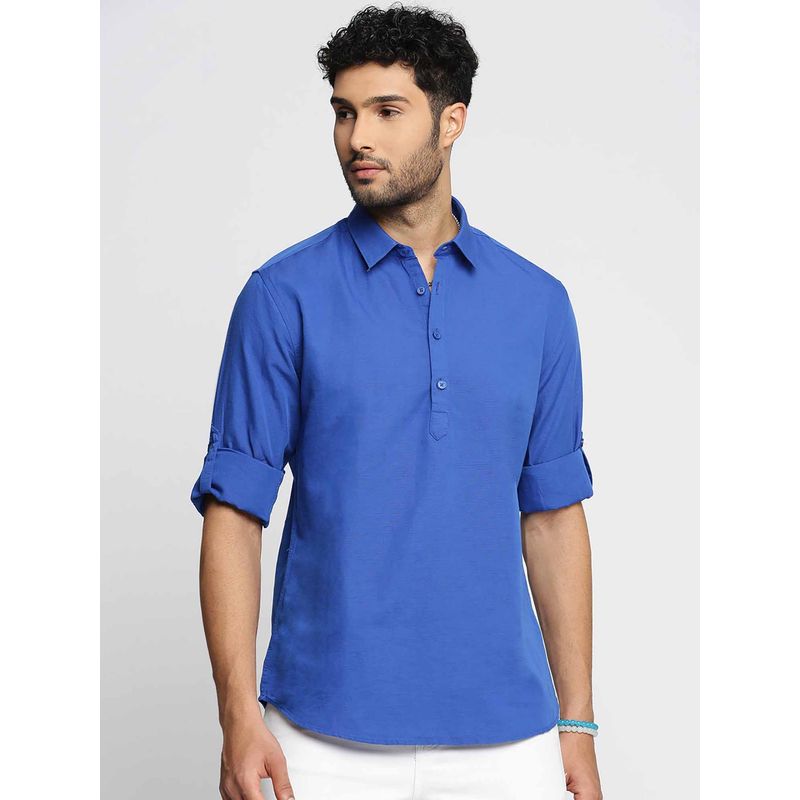 SHOWOFF Men's Shirt Collar Long Sleeves Blue Solid Casual Short Kurta (S)