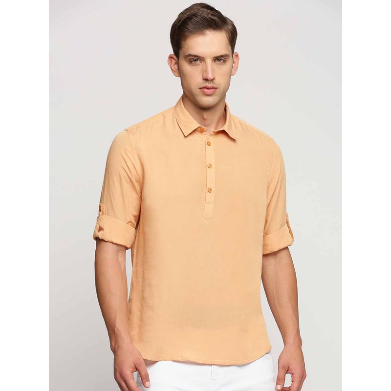 SHOWOFF Men's Shirt Collar Long Sleeves Orange Solid Casual Short Kurta (S)