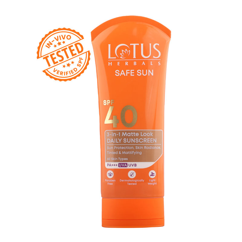 Lotus Herbals SafeSun 3in1 Matte Look Daily Sunscreen SPF 40 PA+++ And Tinted, Dermatologically Free