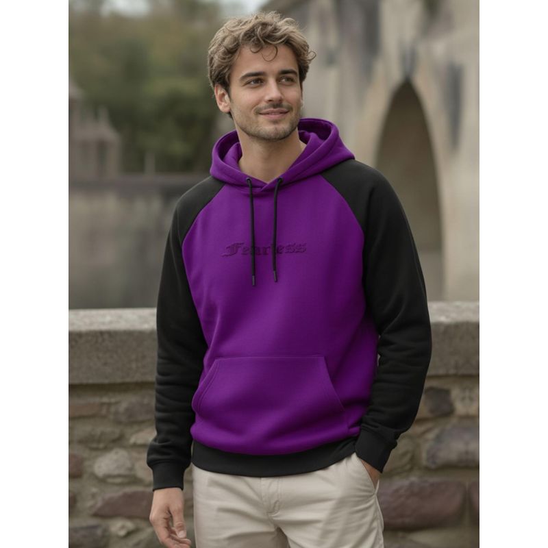 RIGO Men Color Block Typography Dark Purple Oversized Hoodie (M)