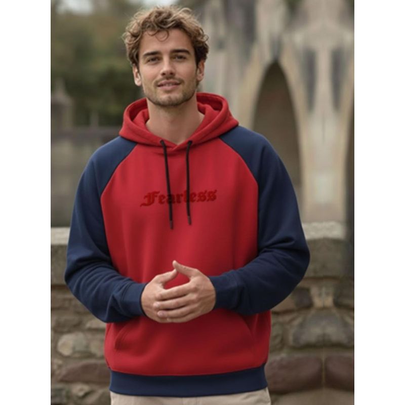 RIGO Men Color Block Typography Red Oversized Hoodie (XL)