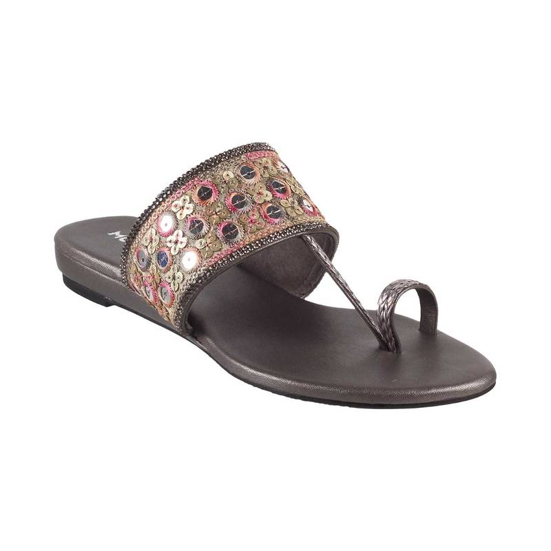 Mochi Womens Gun Metal Flat Chappals (EURO 36)