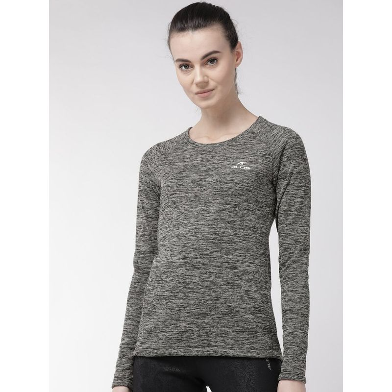 Alcis Women Grey Black Self Design Round Neck T-Shirt (S)