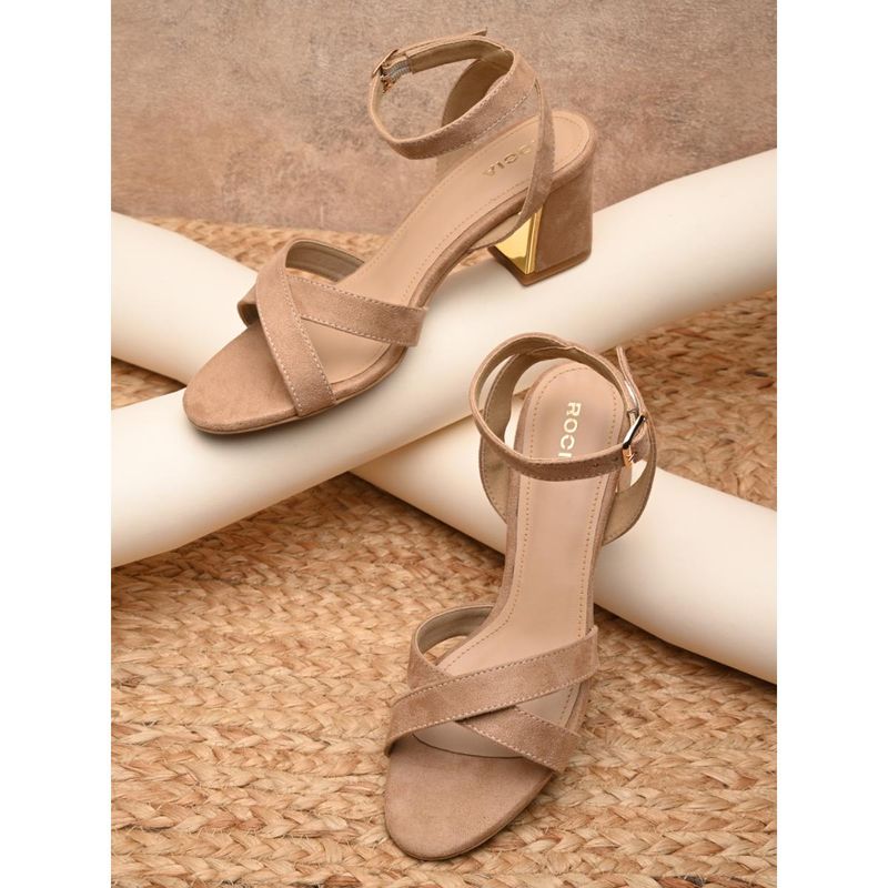 ROCIA By Regal Beige Womens Classic Block Ankle Strap Sandal Heels (EURO 41)