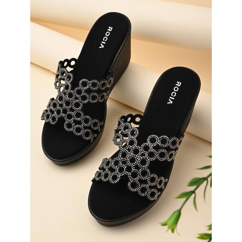 ROCIA By Regal Black Womens Diamante Embellished Wedges High Heels (EURO 41)