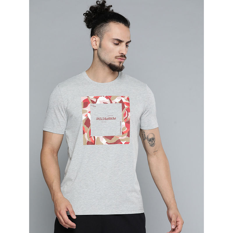 Alcis Men Grey Melange Typography Printed Slim Fit Gym T-Shirt (L)