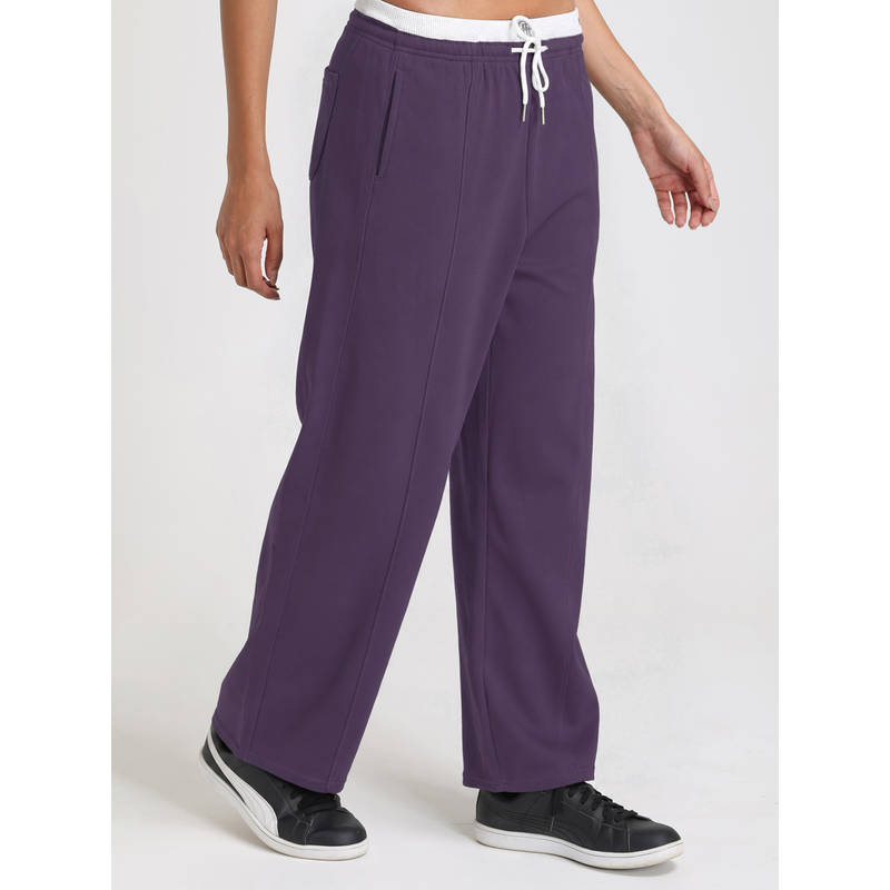 CHKOKKO Purple Relaxed Fit Cotton Blend Wide Leg Trackpant (S)