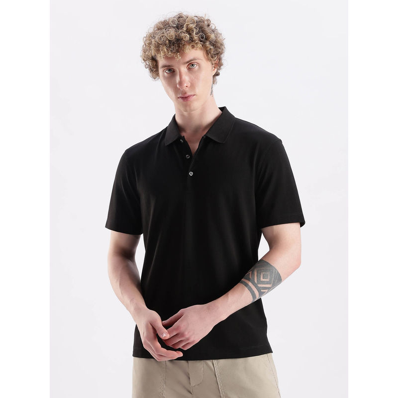 Calvin Klein Striped Regular Fit Black Polyester Polo T-Shirt (XL)