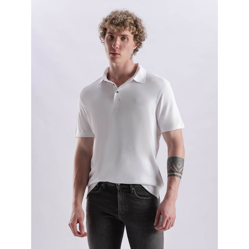 Calvin Klein Solid Regular Fit White Cotton Polo T-Shirt (S)