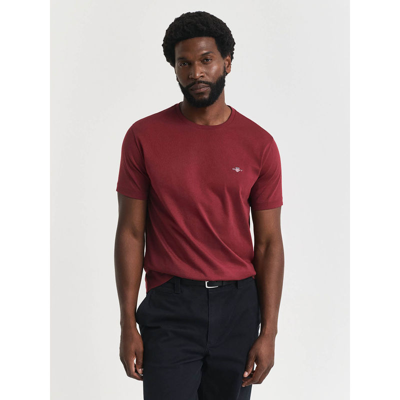 GANT Men Maroon Crew Neck Regular Fit Shield T-Shirt (S)