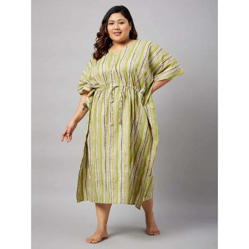 Secrets By ZeroKaata Striped Plus Size Pure Cotton Kaftan Nightdress For Women-Green (3XL)
