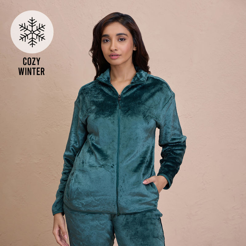Nykd By Nykaa Luxe Fur Cozy Front Open Zippered Jacket-NYS120-Green (XL)