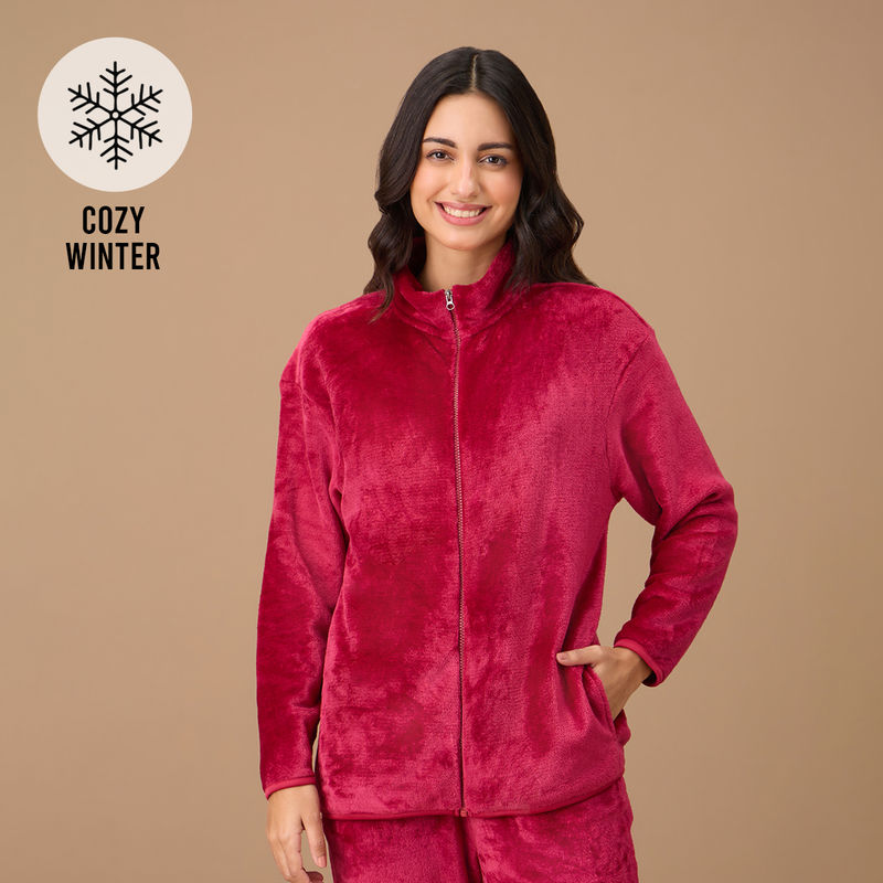 Nykd By Nykaa Luxe Fur Cozy Front Open Zippered Jacket-NYS120-Red (S)