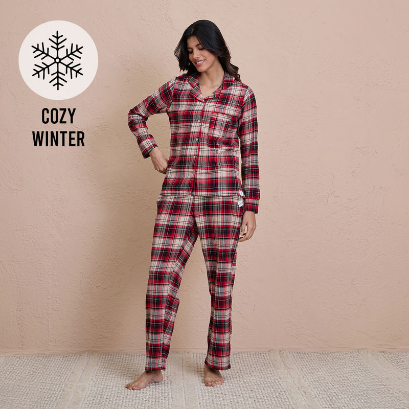 Nykd By Nykaa Button Down Cotton Flannel Pajama Set-NYS902-Red & Beige Checks (XL)