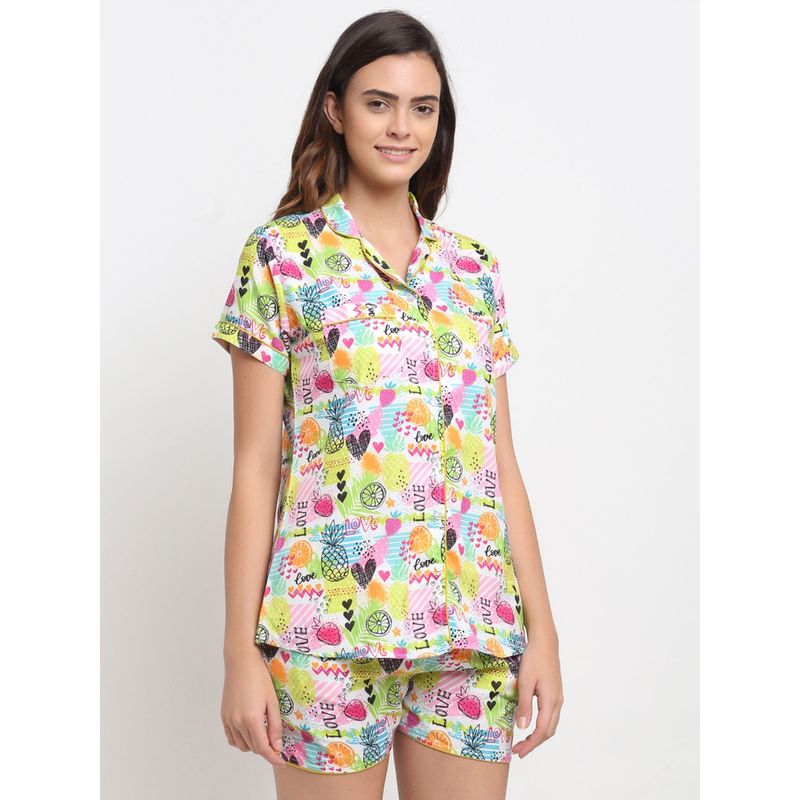 AOBA Women White & Green Graphic Printed Night suit (M)