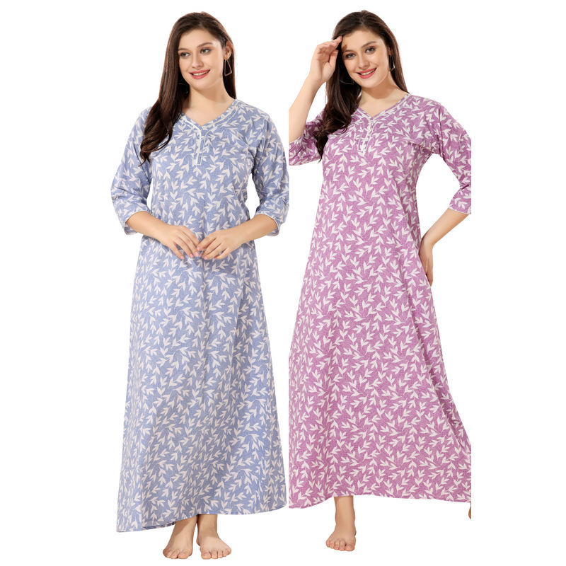 PIU Cotton Pack of 2 Full Sleeves Floral Print Nighties-Purple and Blue (2XL)