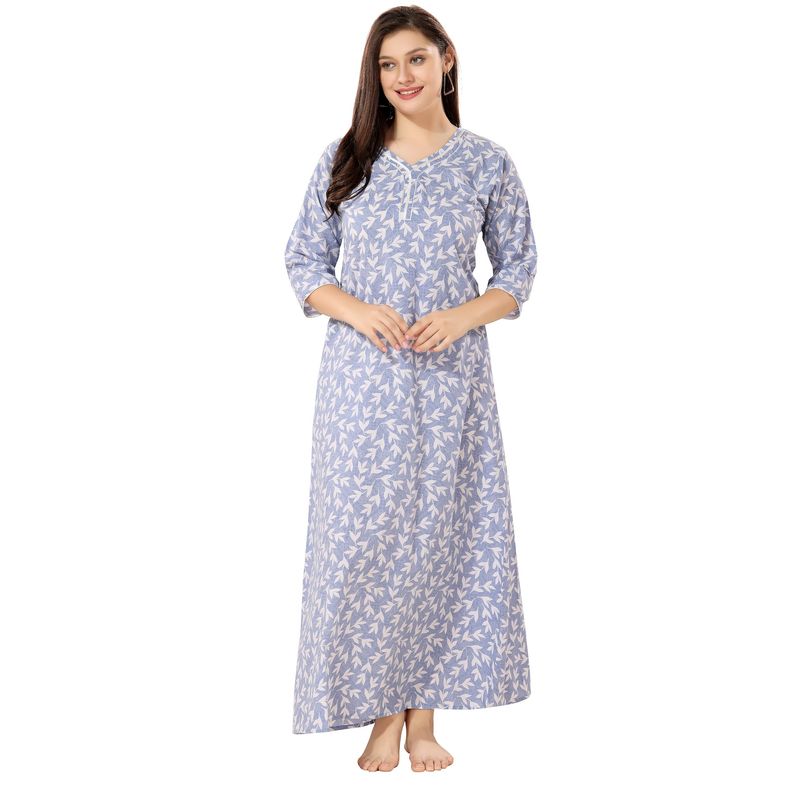 PIU Cotton Full Sleeves Floral Print Nighty-Blue (2XL) (2XL)
