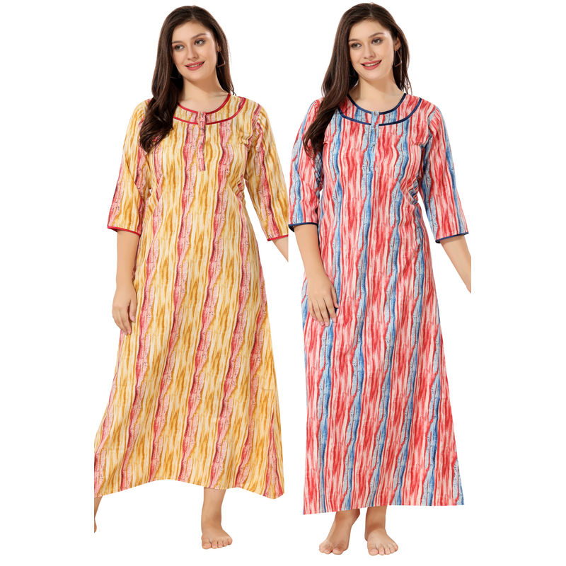 PIU Front Open Cotton Pack of 2 Full Sleeves Abstract Print Nighties-Red and Yellow (L)