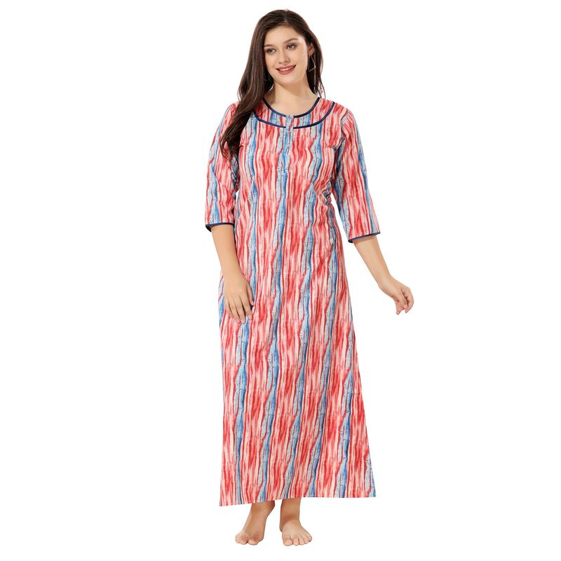 PIU Front Open Cotton Full Sleeves Abstract Print Nighty-Red (XL) (XL)