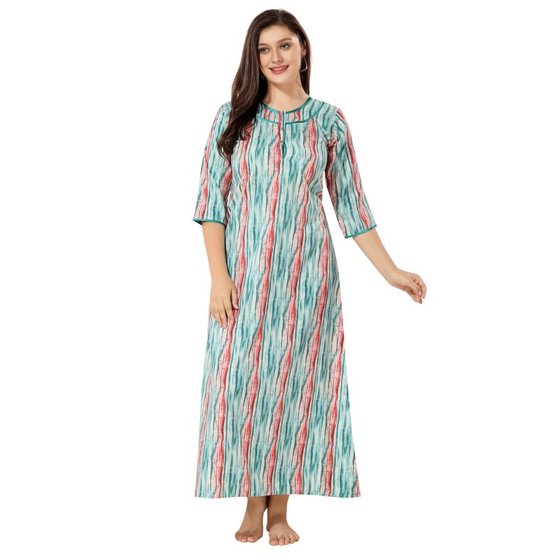 PIU Front Open Cotton Full Sleeves Abstract Print Nighty-Green (M) (M)
