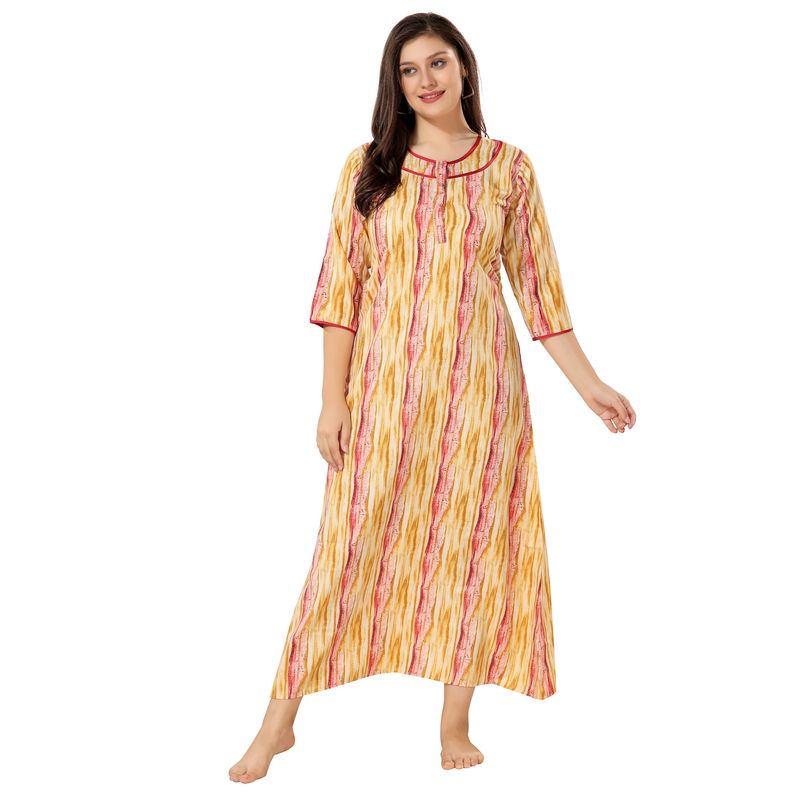 PIU Front Open Cotton Full Sleeves Abstract Print Nighty-Yellow (M) (M)