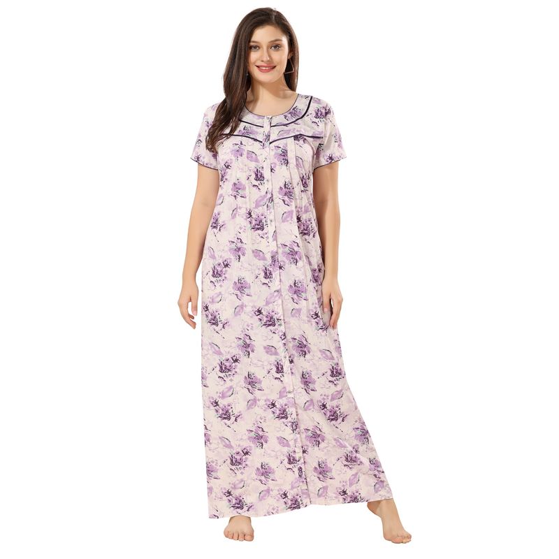 PIU Full Front Open Plus Size Cotton Half Sleeves Floral Print Nighty-Purple (2XL) (2XL)