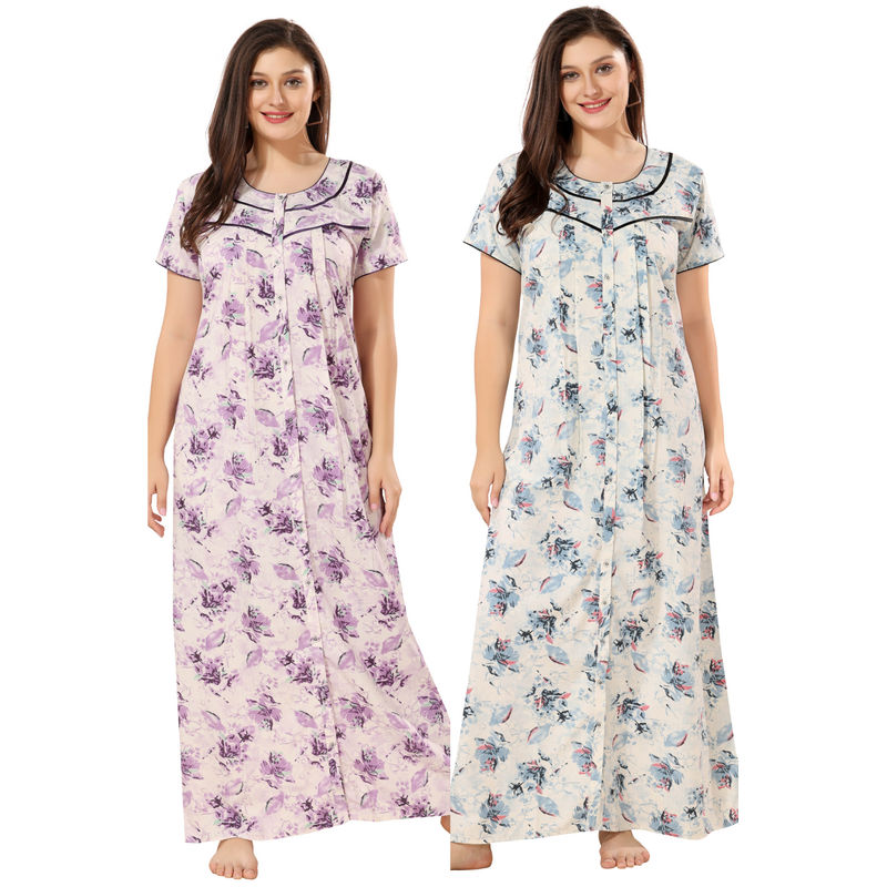 PIU Full Front Open Plus Size Cotton Pack of 2 Half Sleeves Floral Nighty-Red and Blue (3XL)