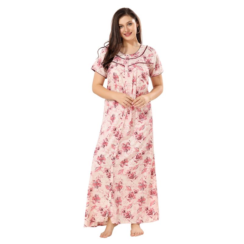 PIU Full Front Open Plus Size Cotton Half Sleeves Floral Print Nighty-Red (XL) (XL)