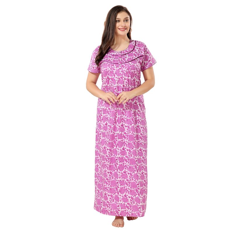 PIU Front Open Plus Size Cotton Half Sleeves Floral Print Nighty-Purple (3XL) (3XL)