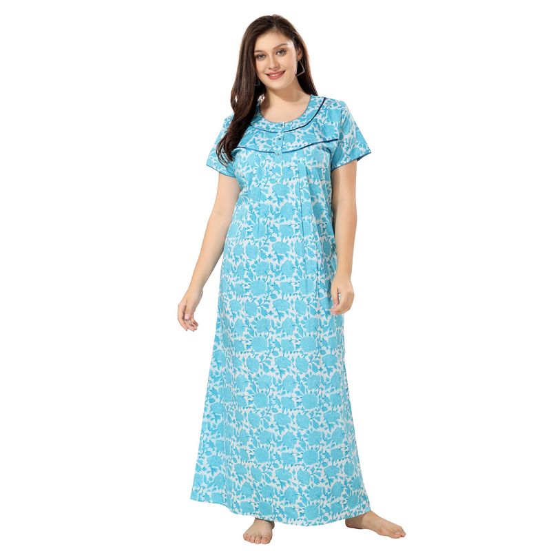 PIU Front Open Plus Size Cotton Half Sleeves Floral Print Nighty-Blue (XL) (XL)